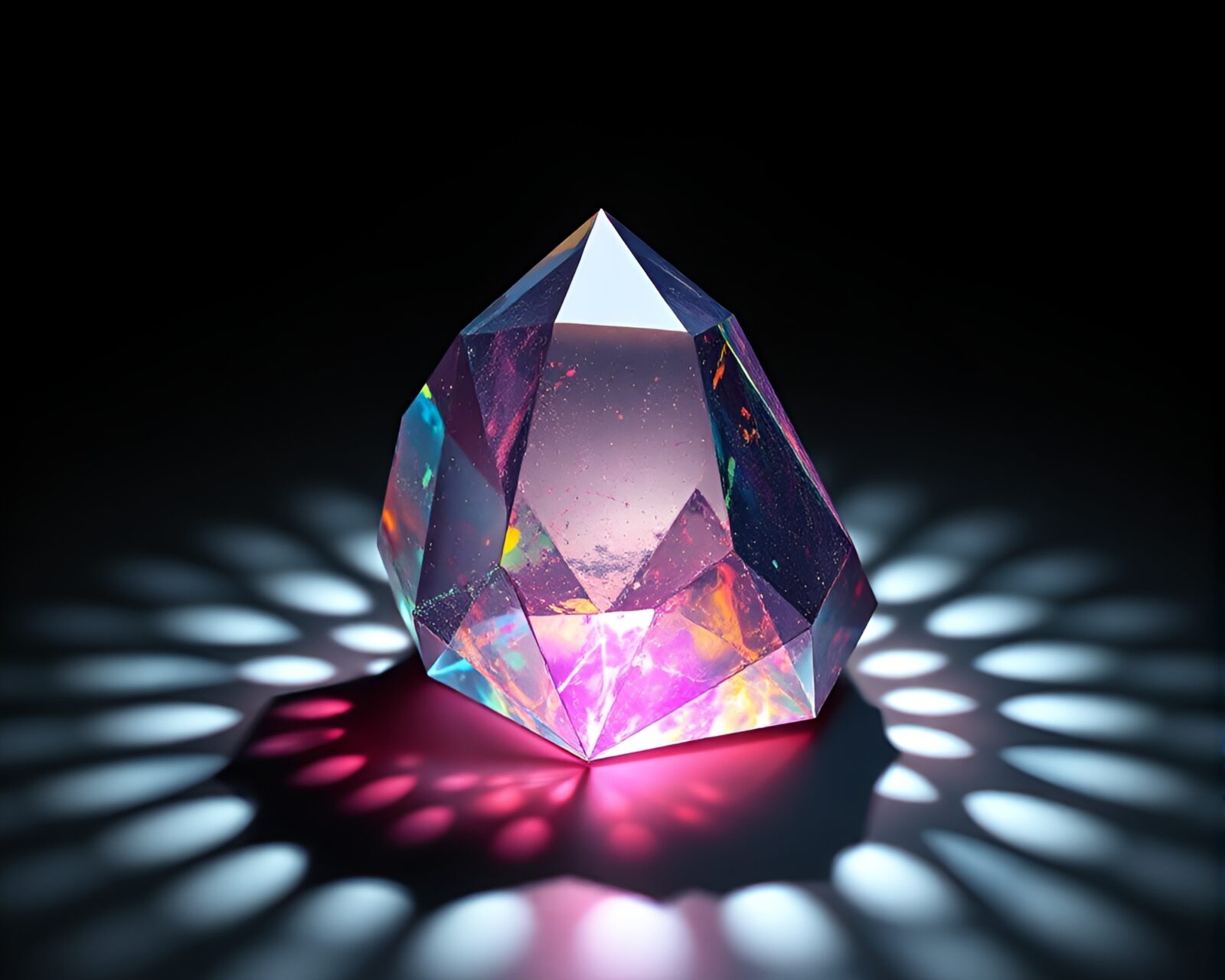 Magical rune stone glowing in prism refraction light