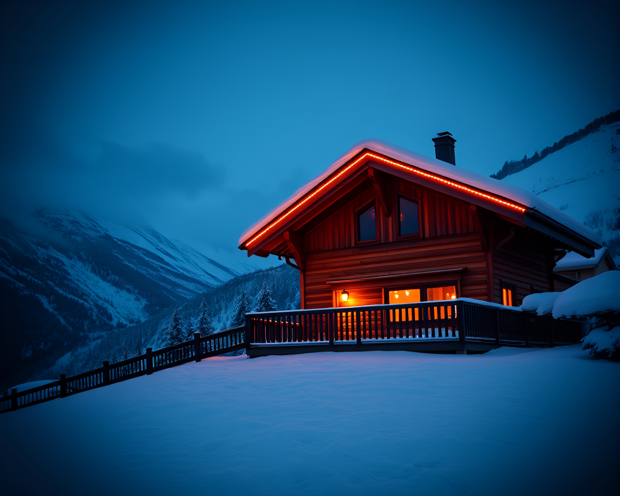 Neon Alpine Chalet with Split Focus Diopter – free AI stock image