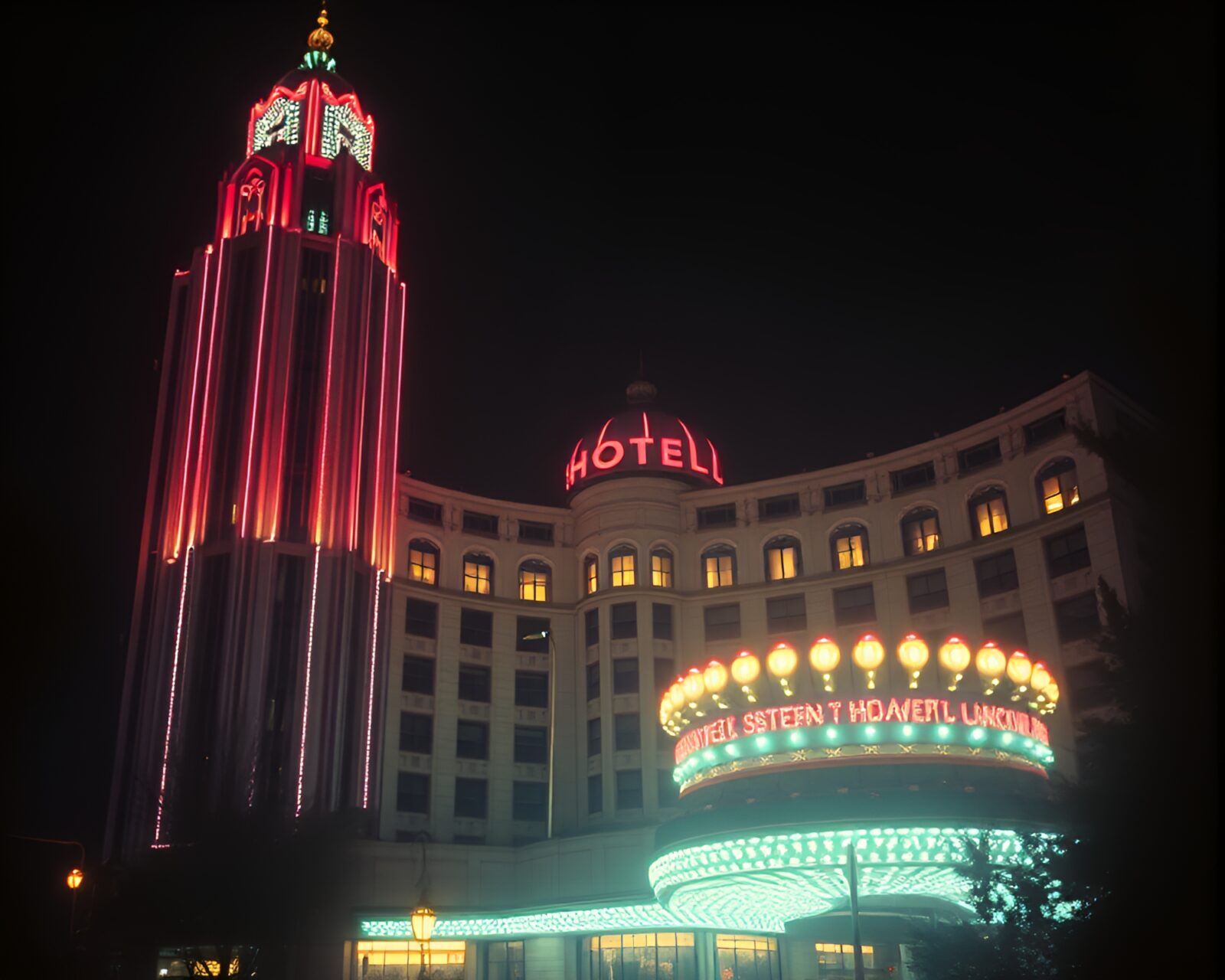 Eerie telephoto shot of an art deco hotel glowing in the dark while dust particles float in the air