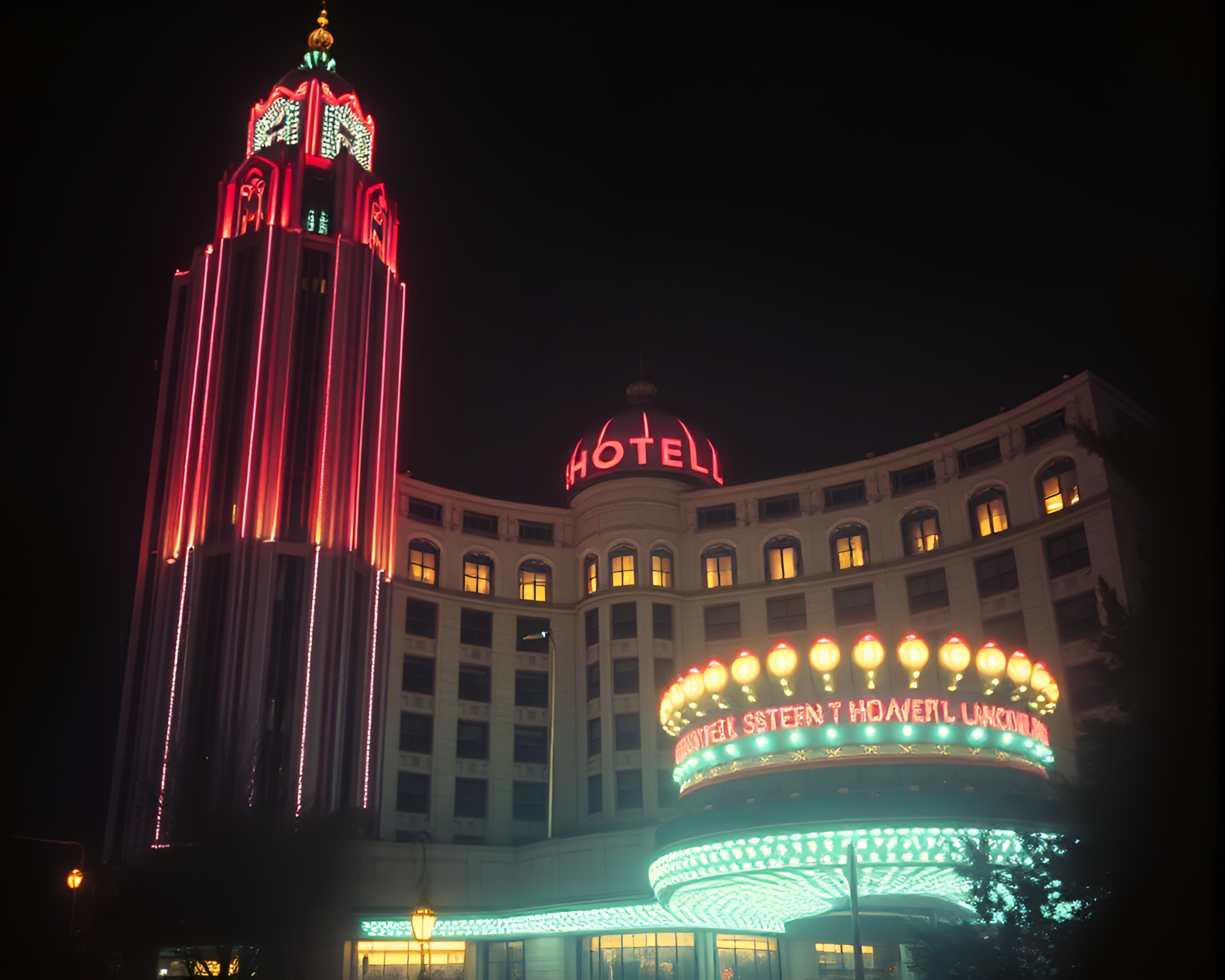 Art Deco Hotel Dust Overlay Glow-in-the-Dark Telephoto Image – free AI stock image