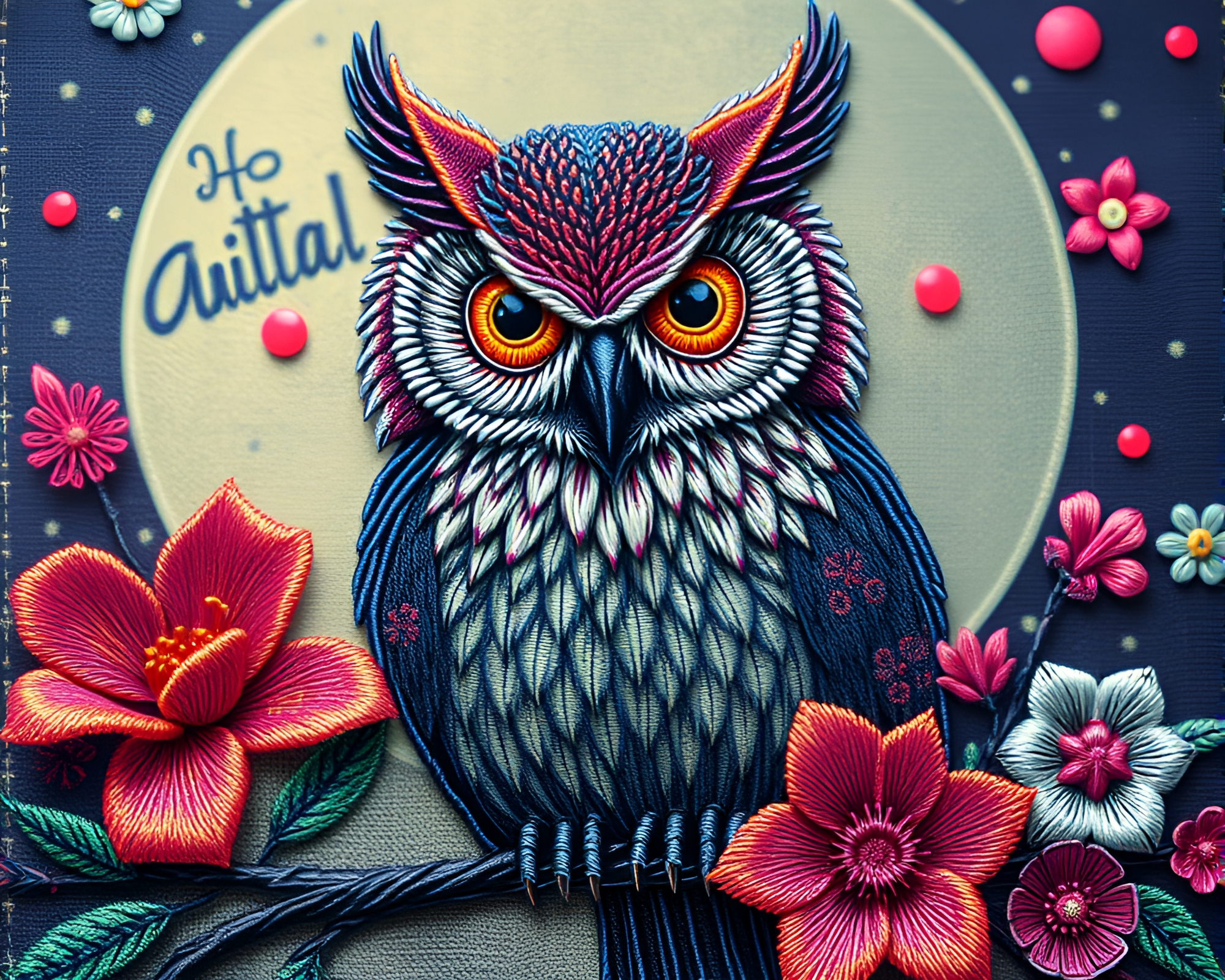 Cyberpunk Owl Embroidery: Digital Bloom Illustration – free AI stock image