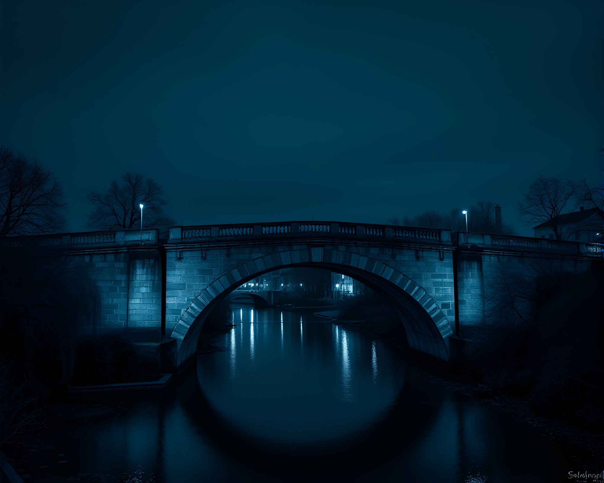 Majestic Blue Arch Bridge in Tenebrism Style – free AI stock image