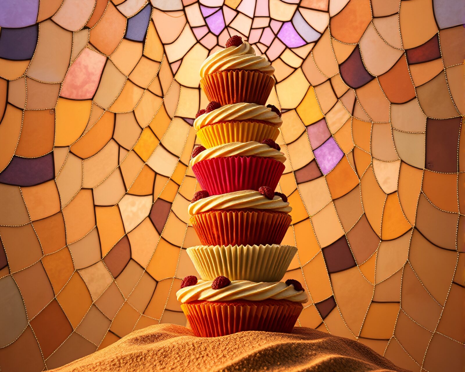 Beautiful stained glass effect cupcake tower in desert sand hues