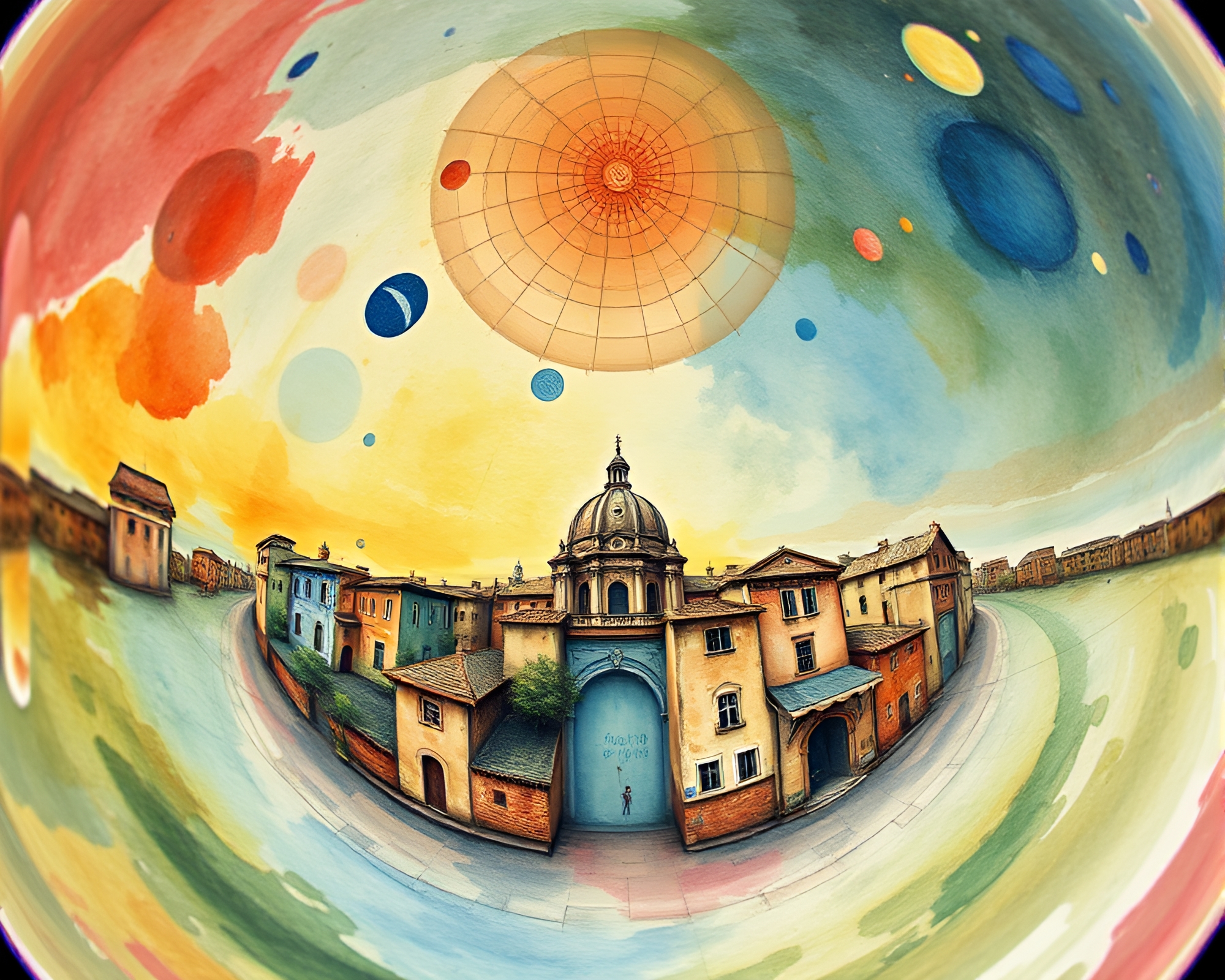 Mind Palace in Fisheye Watercolor Sgraffito Art – free AI stock image