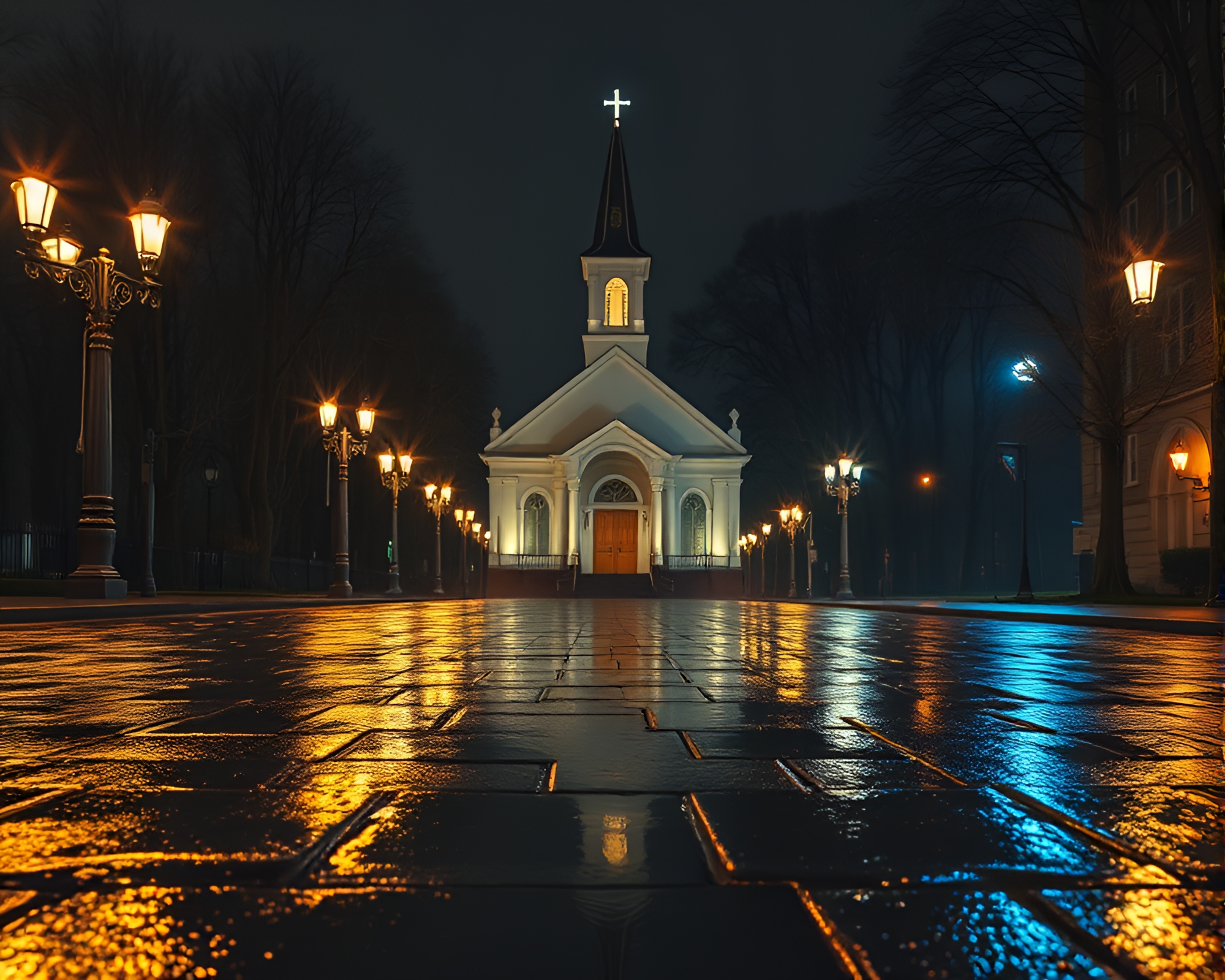 Hot Spring Reflections: Wet Pavement by Church Candlelight – free AI stock image