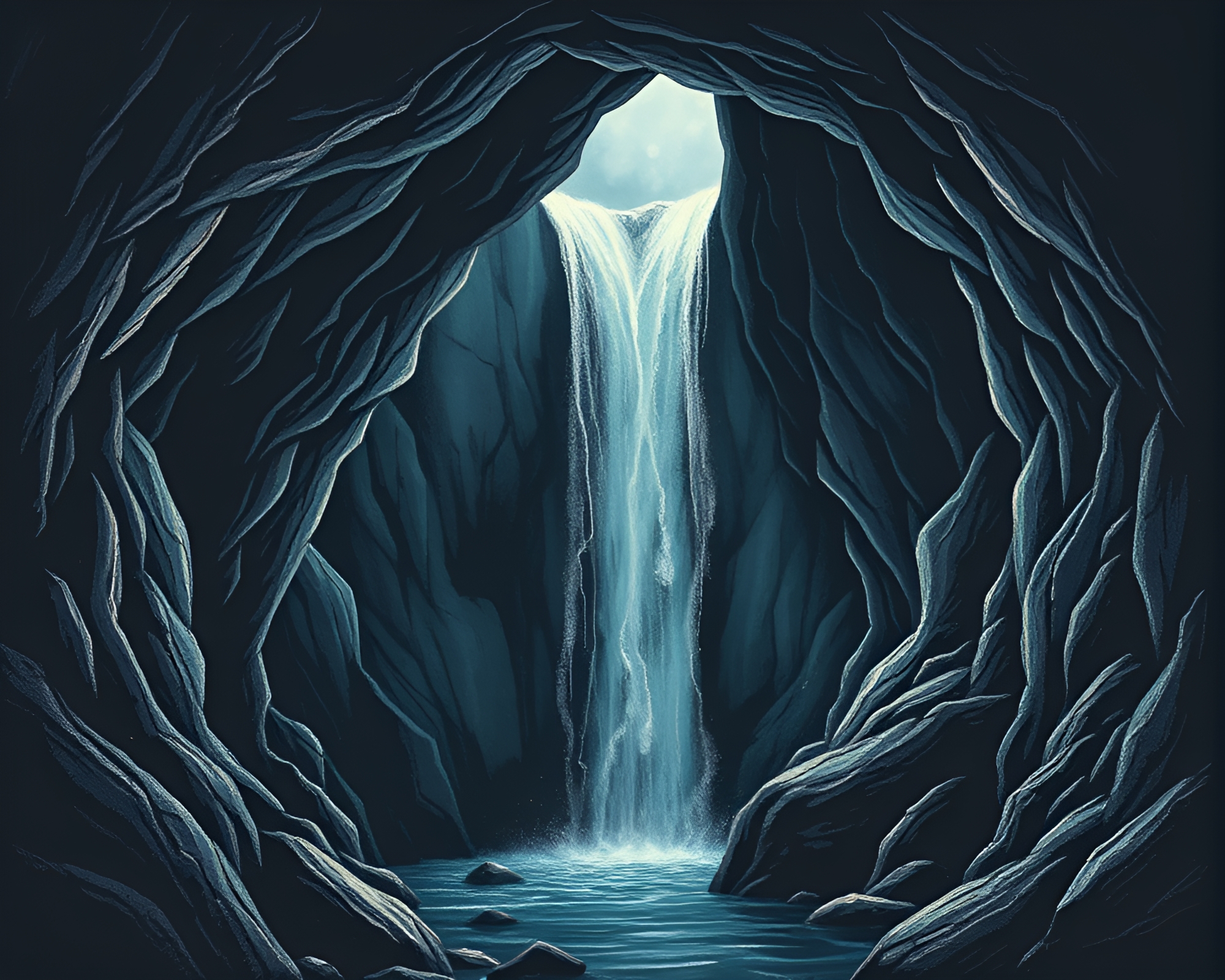 Glowing Waterfall in Chalk Cave Art – free AI stock image