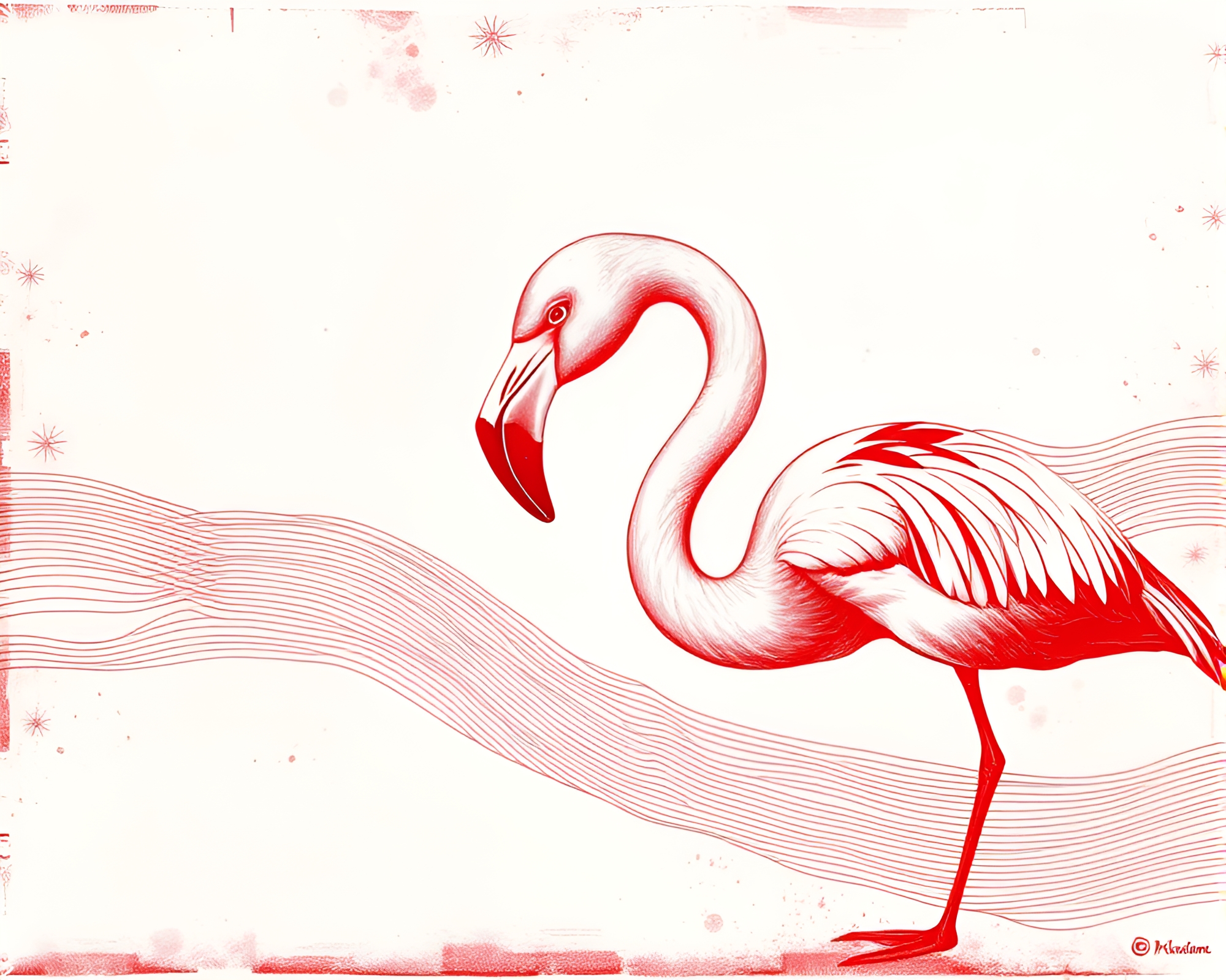 Elegant Flamingo Etching in Monochrome Screen Print – free AI stock image