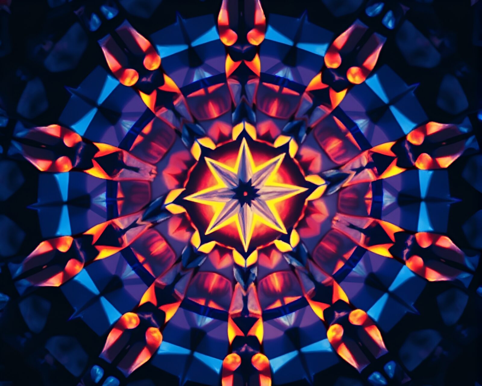 Fragmented kaleidoscope patterns surrounding illuminated compass in cel shading