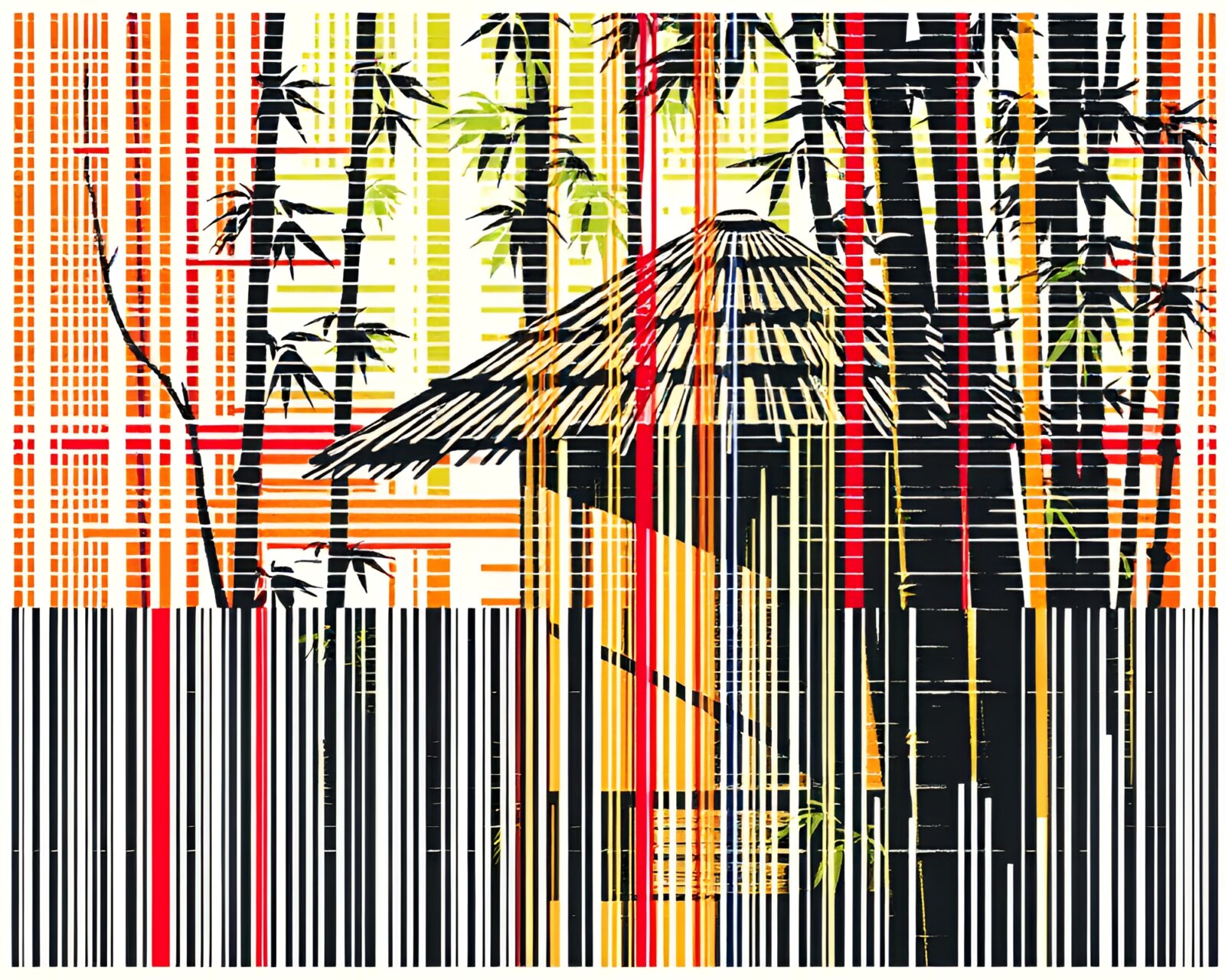 Abstract wooden hut with barcode stripe under colorful glitch light
