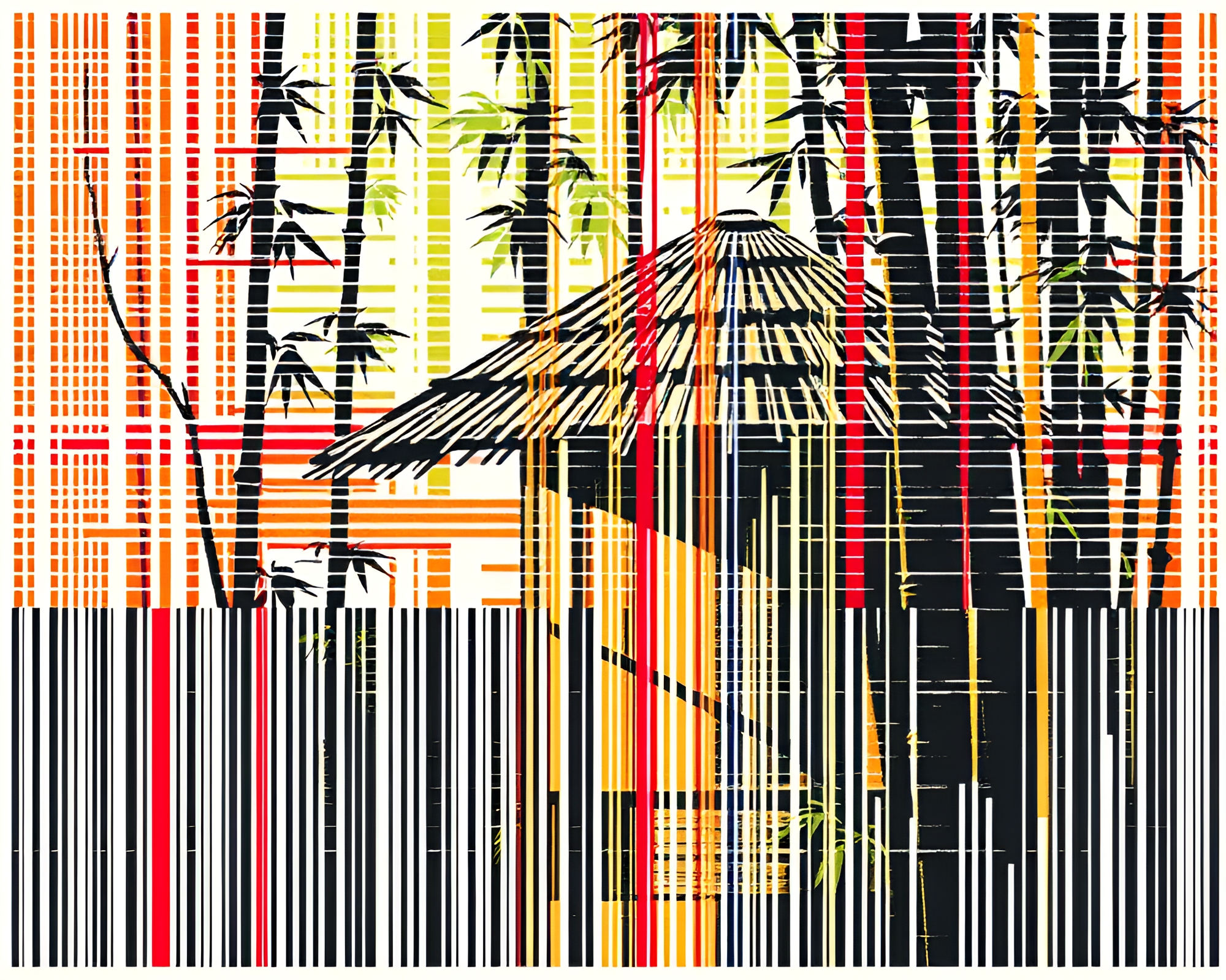 Glitch Colors Illuminate Barcode Bamboo Hut Woodcut Scene – free AI stock image