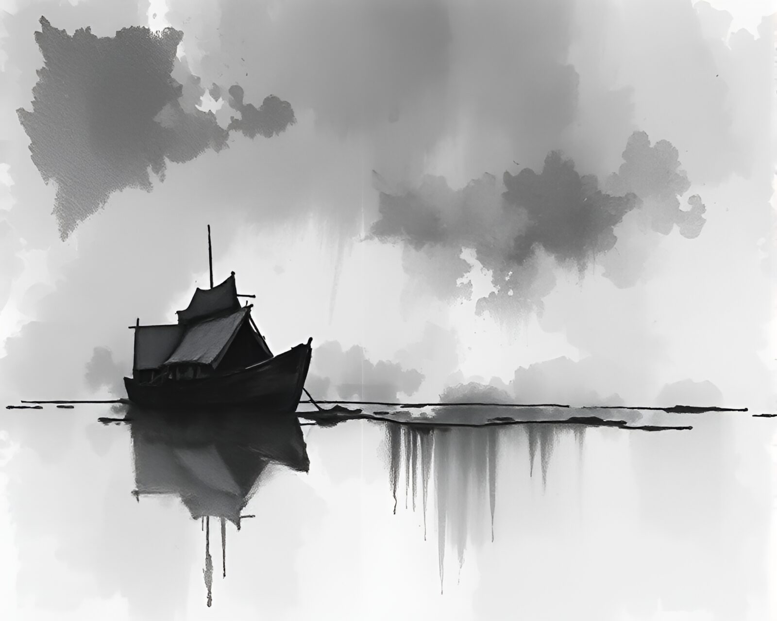 Dark cityscape mirroring in rippling water, charcoal artistry