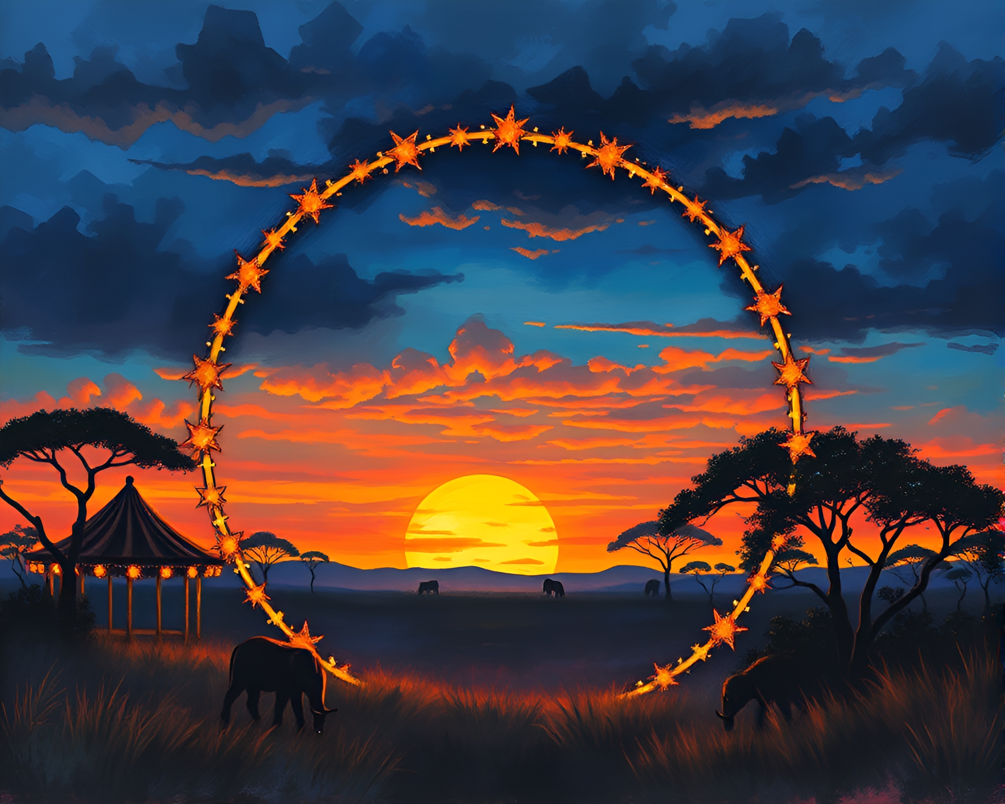 Savanna Sunset Carnival Lights Gouache Painting – free AI stock image