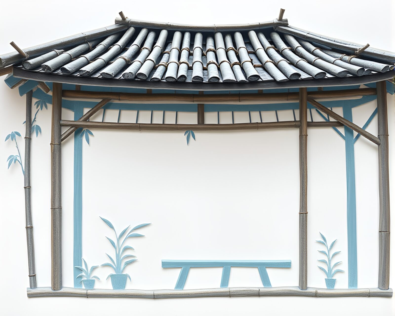 Serene scene of a bamboo hut surrounded by frost