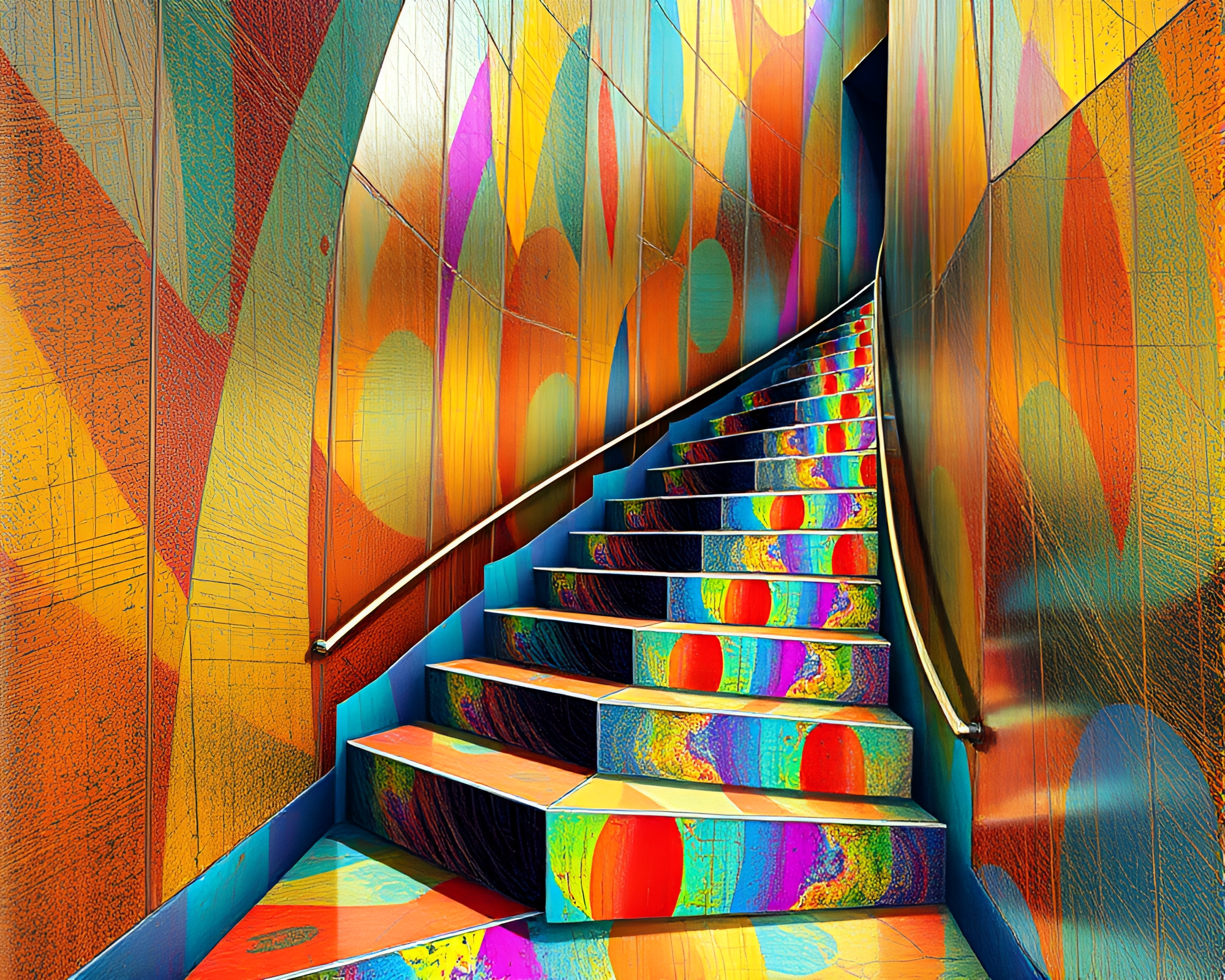 Escher-inspired staircase in glitchy children’s book illustration – free AI stock image