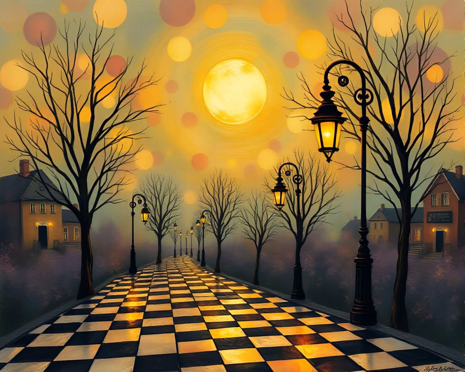 Abstract surreal scene with glowing light and checkered patterns