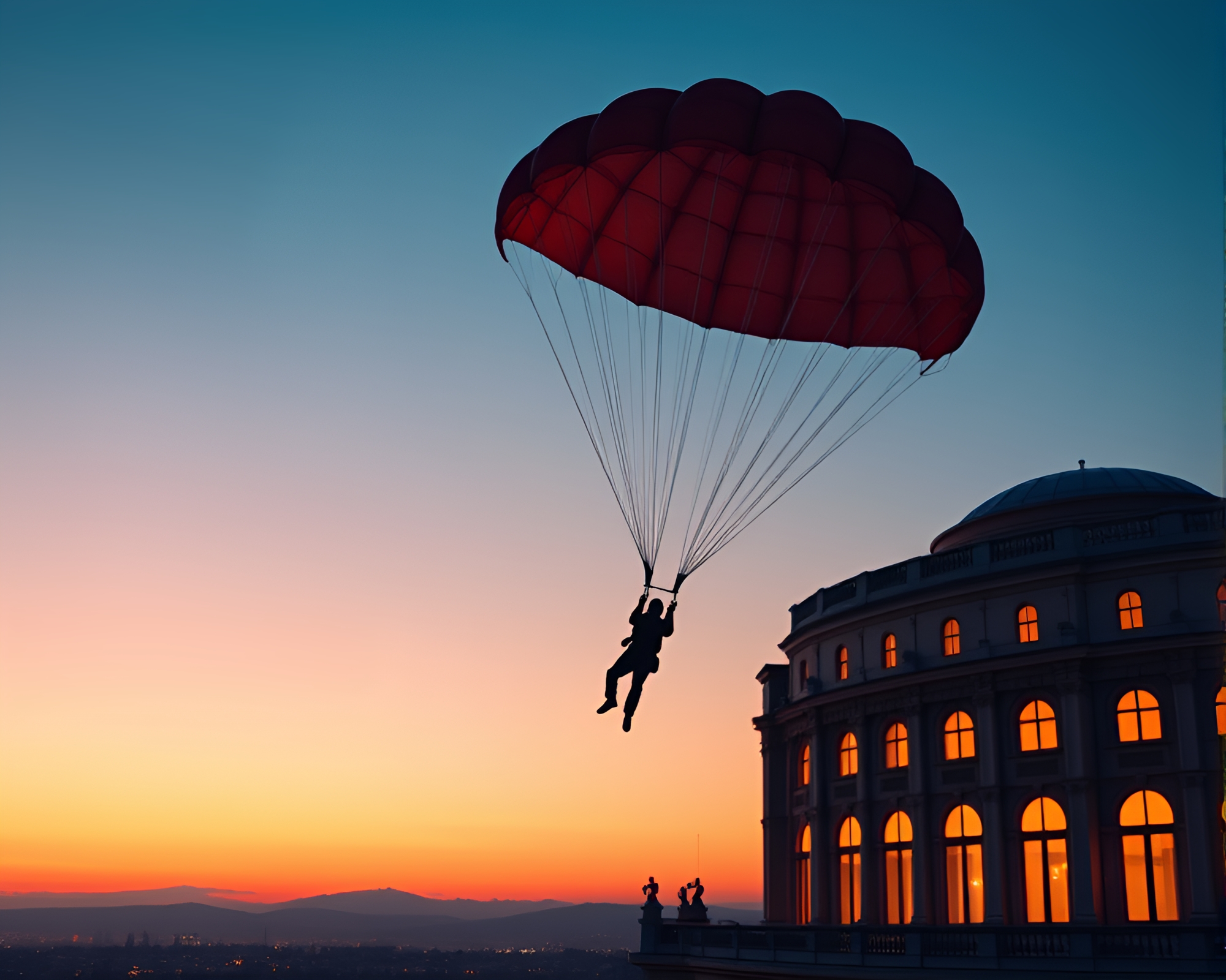 Twilight Parachute Jumper Architectural Art – free AI stock image