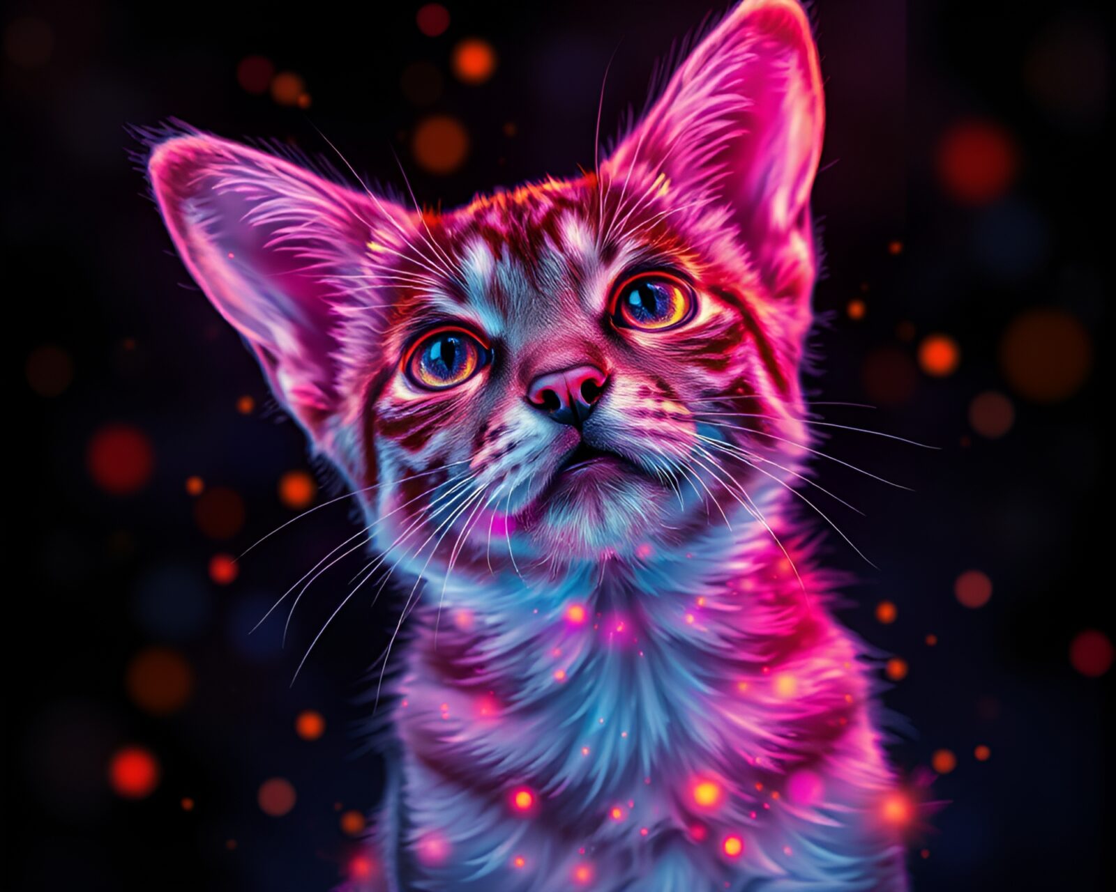 Tempera painting of a futuristic holographic pet among glowing embers
