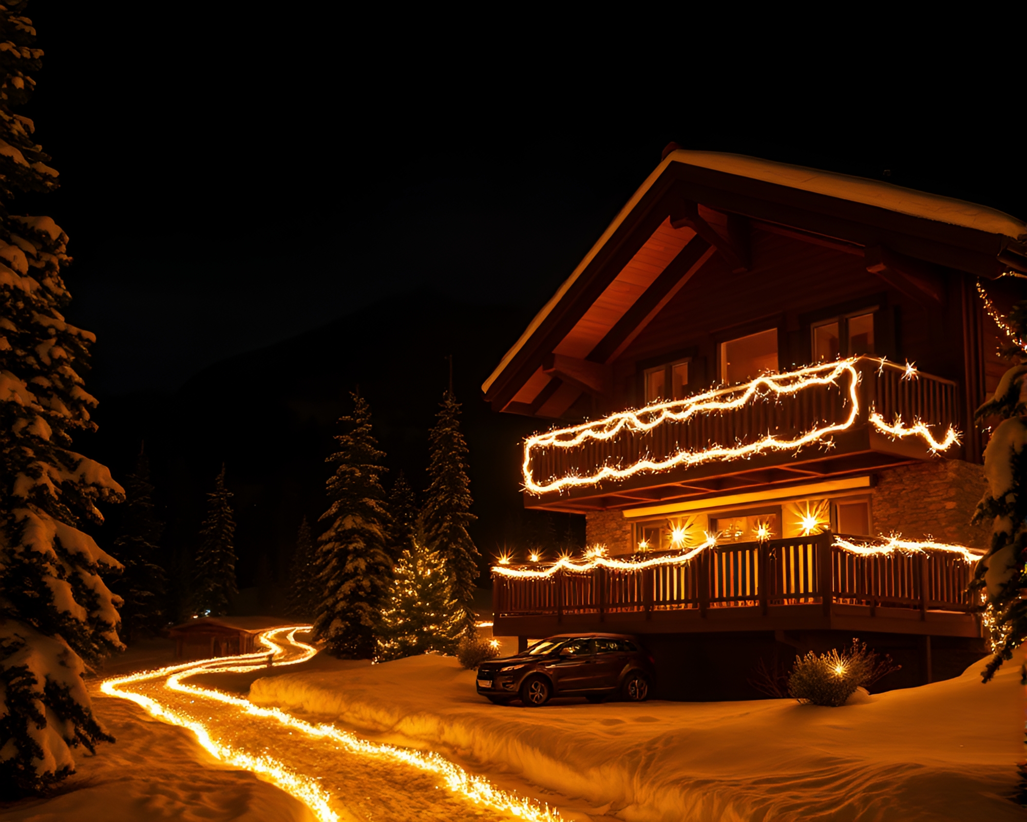 Cubist Alpine Chalet with Theatrical Sparkler Trails – free AI stock image