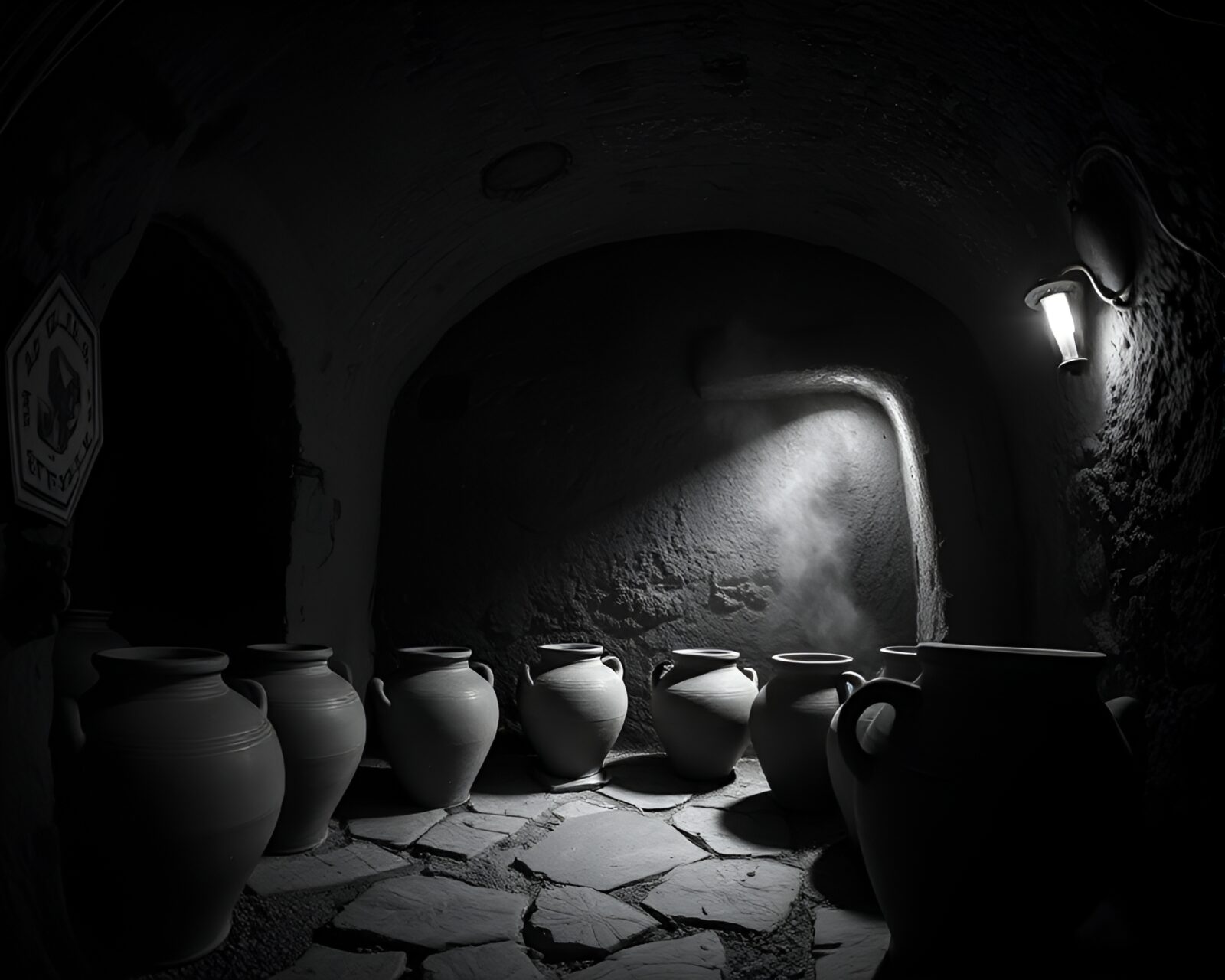 Monochrome high-angle shot of eerie pottery in torchlight.