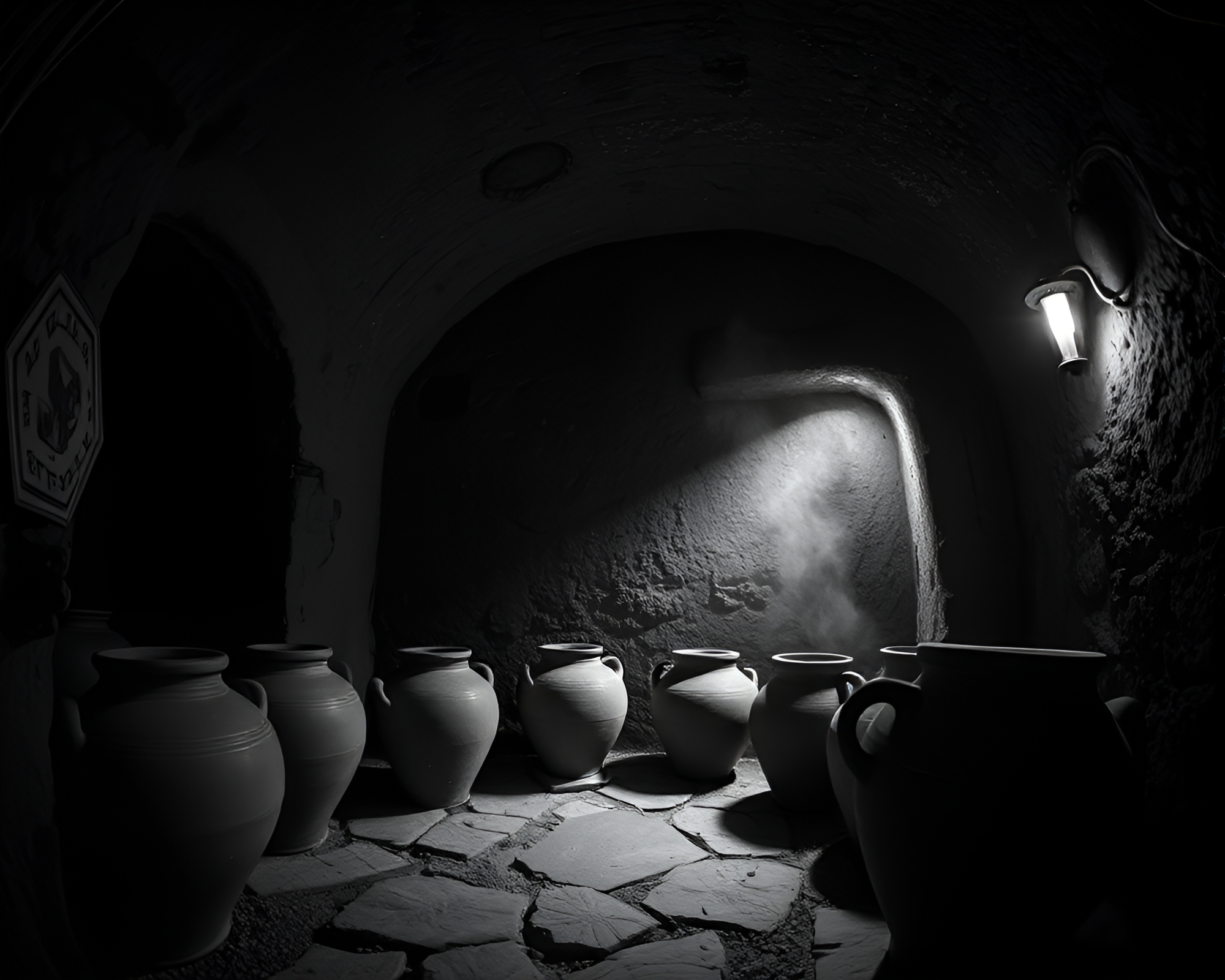 Rustic Pottery in Dungeon Torchlight – free AI stock image