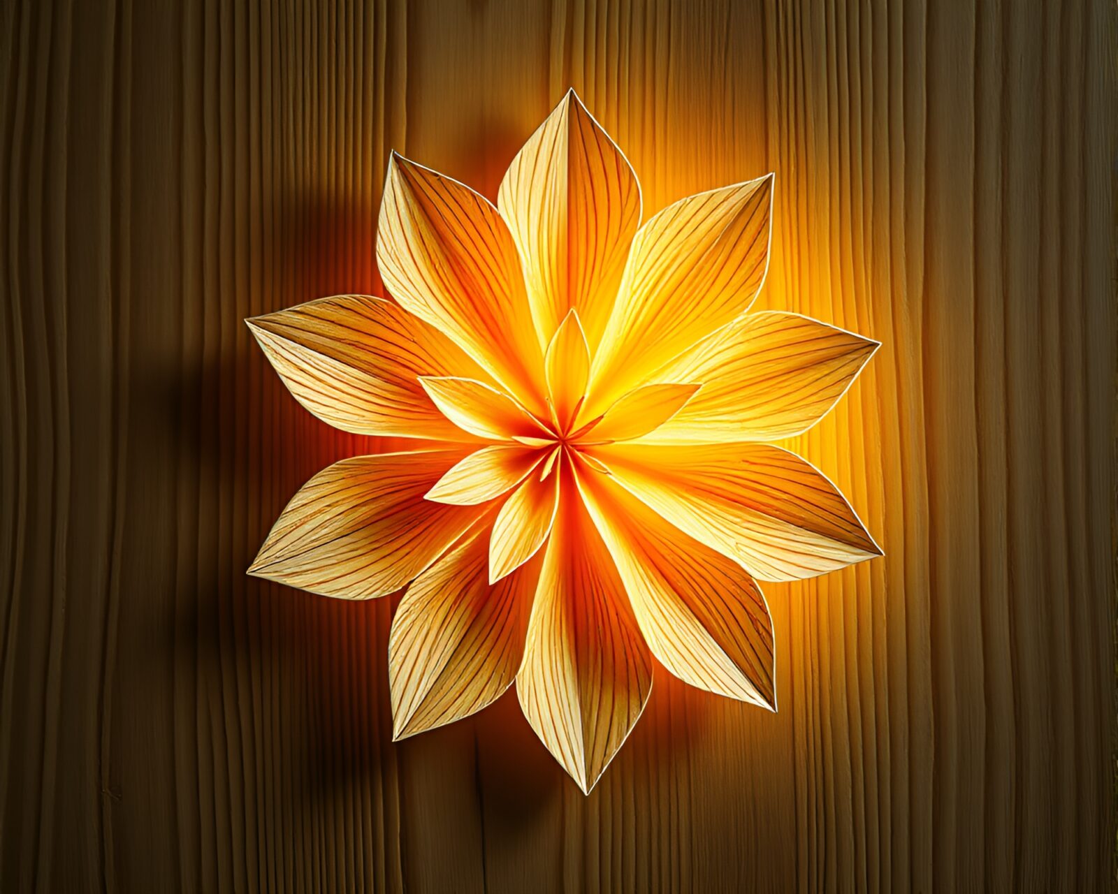 Soft pastel drawing of an intricate origami flower on wood grains in bright lighting