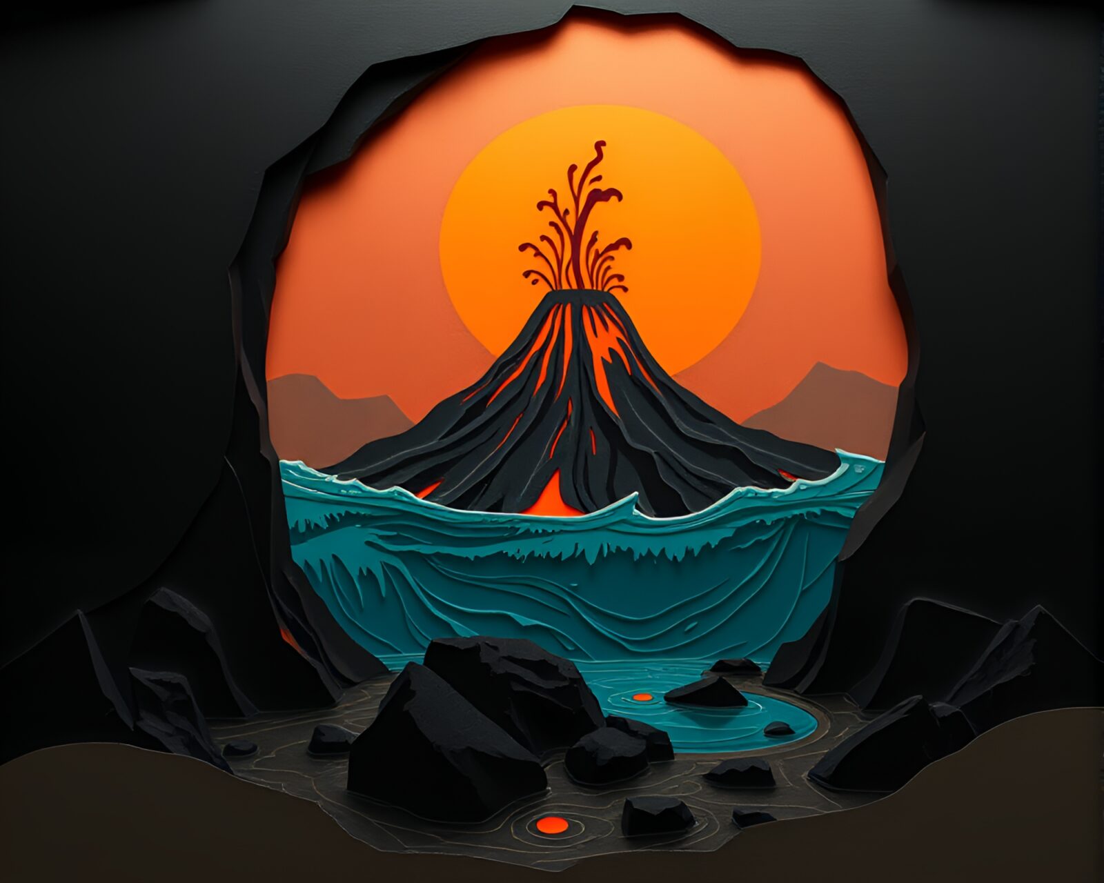 Paper cutout of volcanic island submerged in dark water