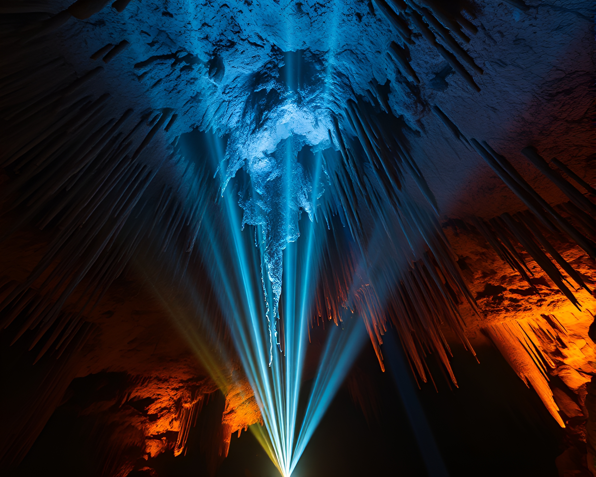 Majestic Cave Stalactites Illuminated by Laser Beams – free AI stock image