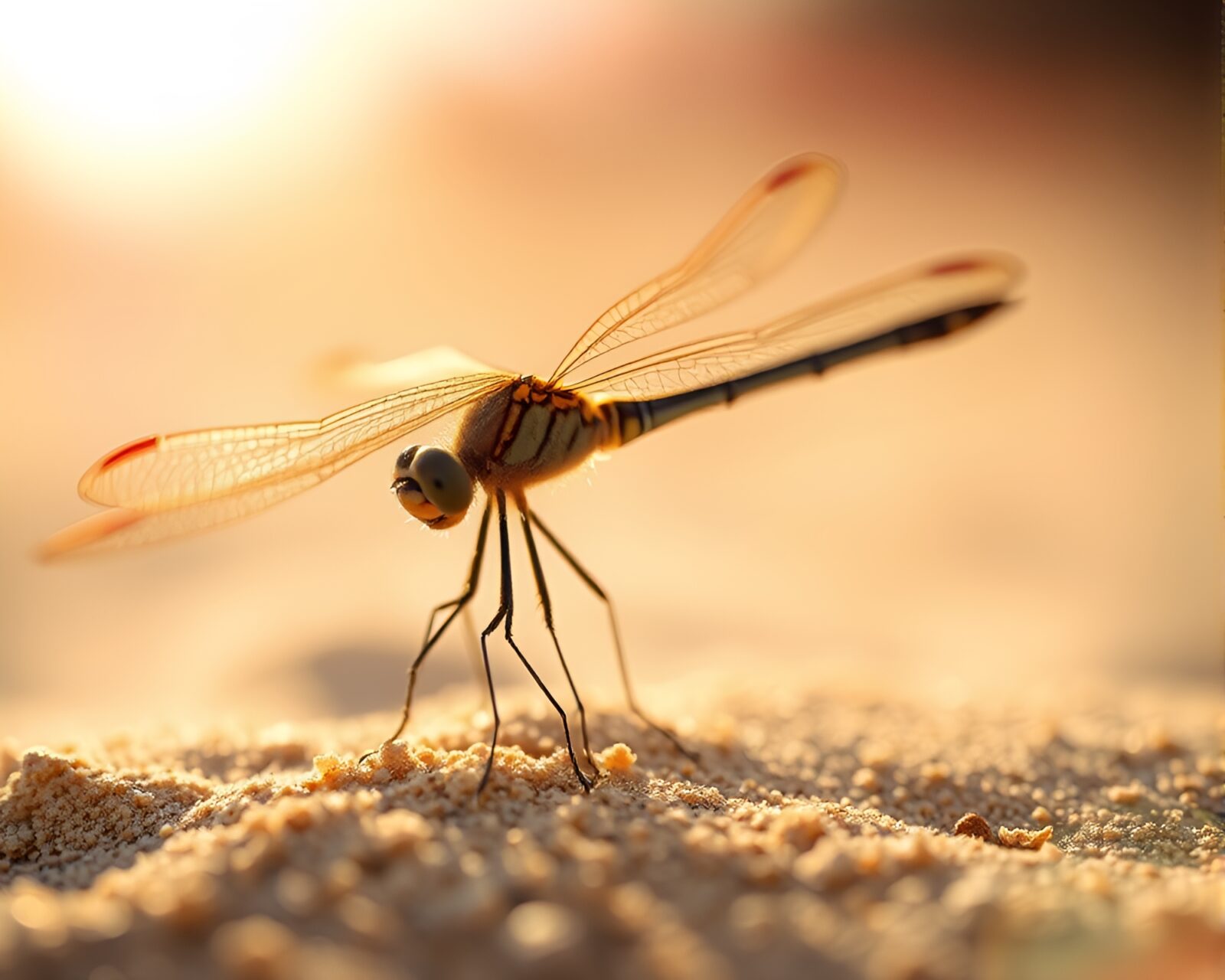Macro photo of dragonfly in warm desert light