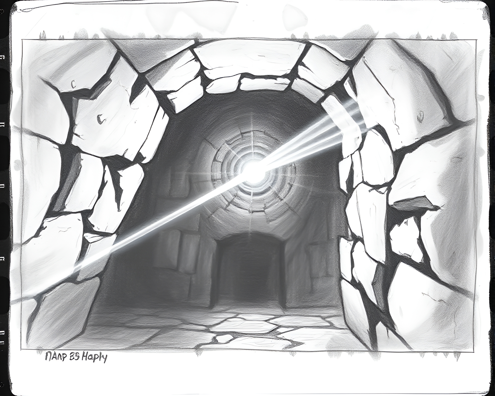 Prism Refraction in Dungeon Torchlight Charcoal Sketch – free AI stock image