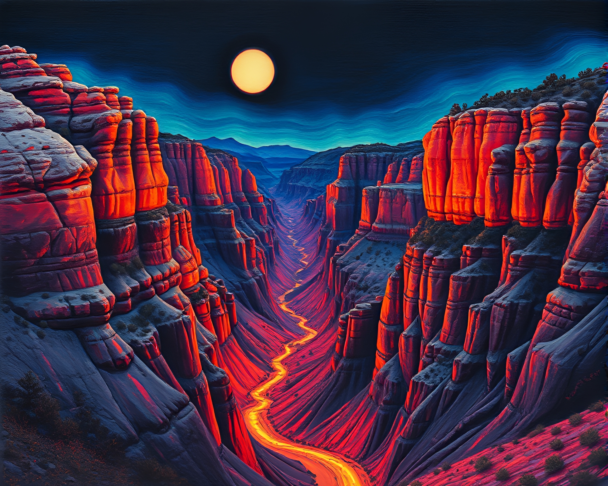 Neon Glow Canyon: Encaustic Embroidery Masterpiece – free AI stock image