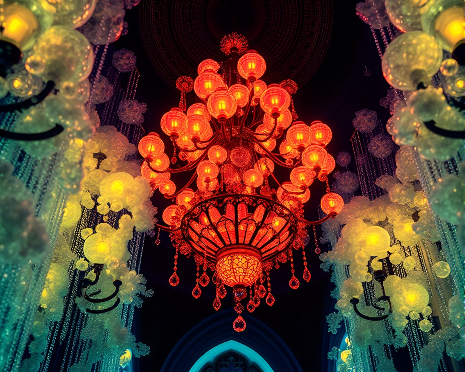 Thermal imaging of a mystical chandelier surrounded by shimmering bubbles