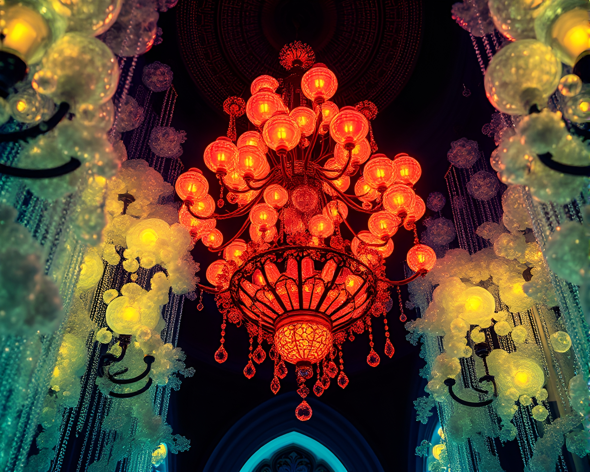 Gothic Chandelier Bubble Clusters with Bioluminescent Glow – free AI stock image