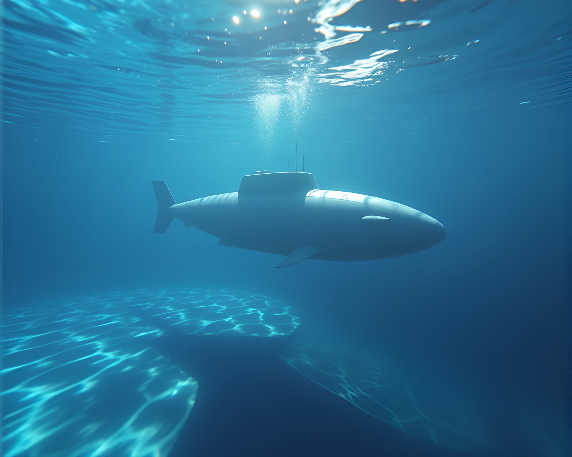 Submerged submarine reflecting dreamy rays underwater – free AI stock image