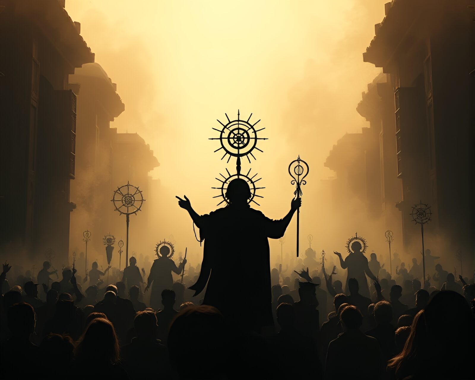 Photorealistic image of silhouetted crowd with alchemical symbols in muted colors