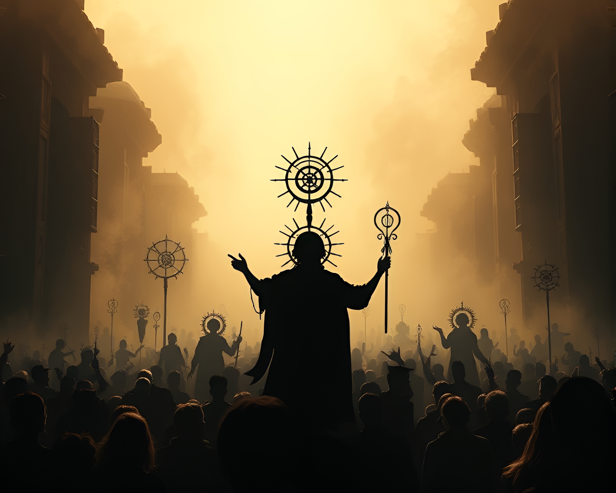 Alchemical Crowd Silhouette: Mystical Gathering in Earth Tones – free AI stock image
