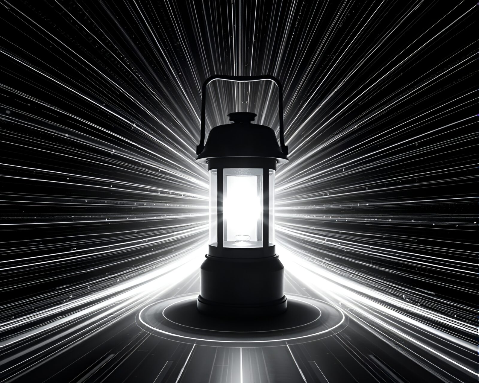 Monochrome image of an energy reactor glowing in lantern light