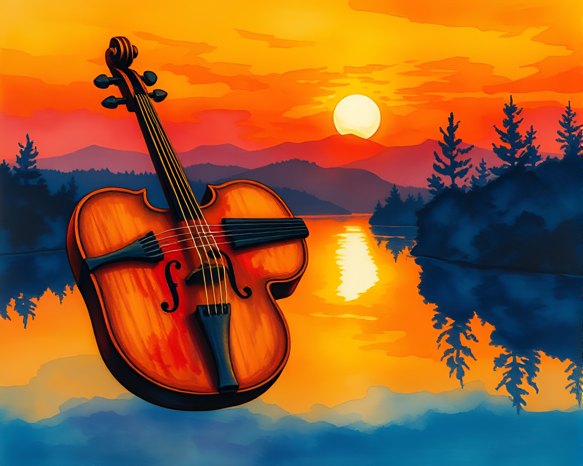 Sunset Serenade: Wooden Violin Tempera Painting – free AI stock image
