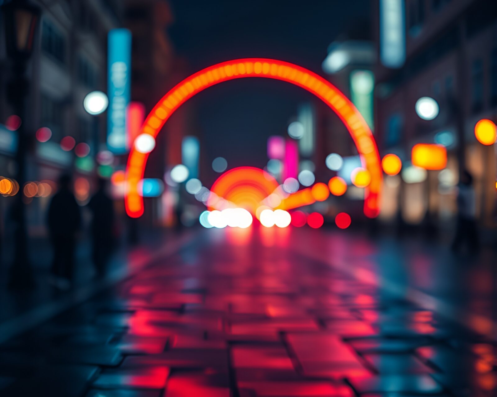 Glowing cityscape illuminating ancient circular stone formation