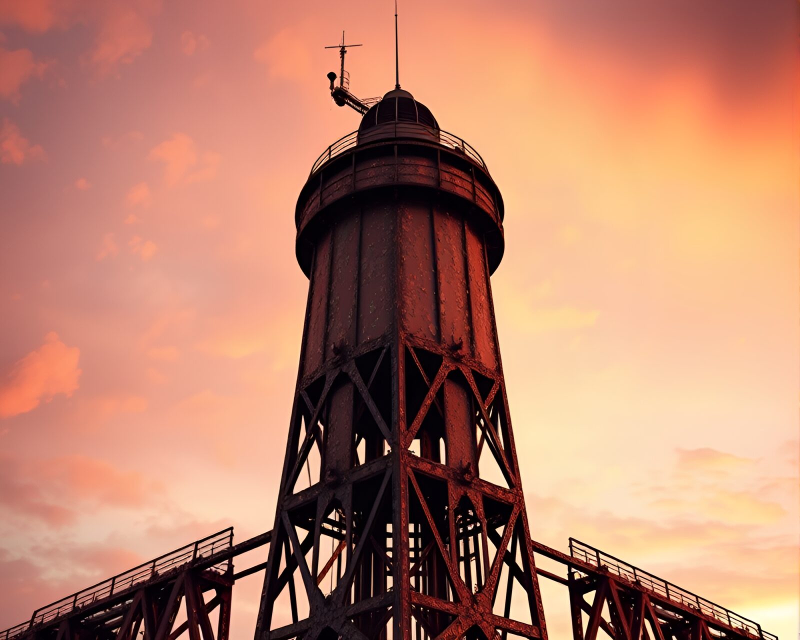 Tower covered in rust flakes against a twilight sky