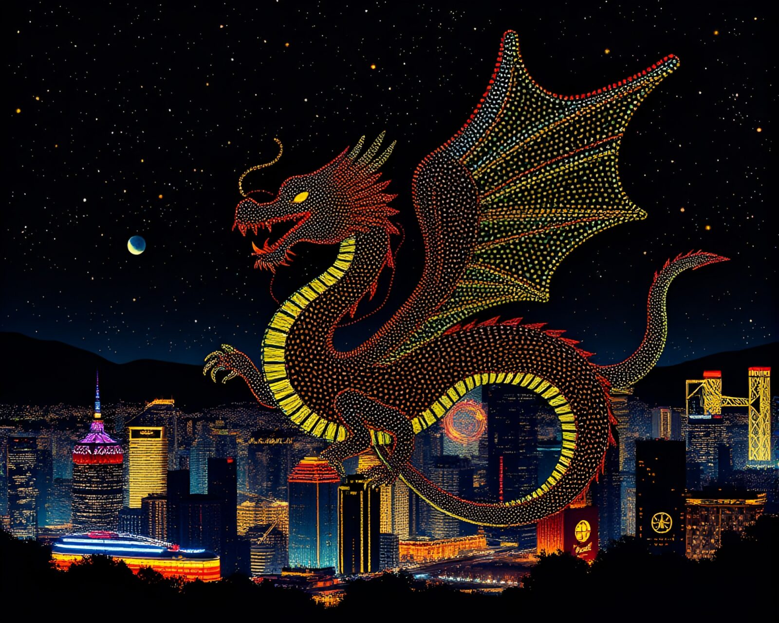 Algorithmic art of majestic dragon in urban night setting