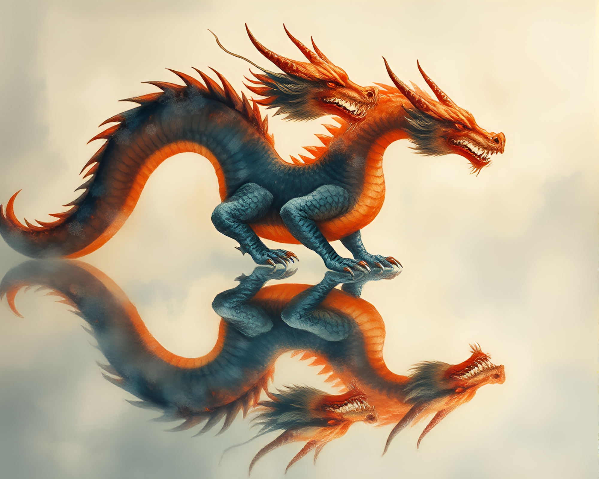 Dragon in Double Reflection: Dreamy Tempera Painting – free AI stock image