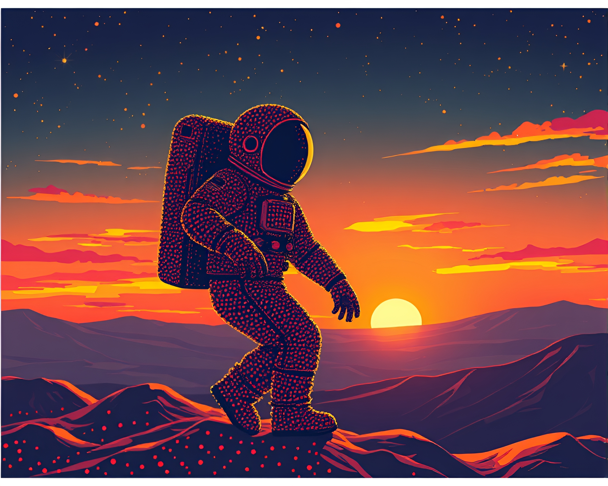 Astronaut in Sunset Pointillist Art Illustration – free AI stock image