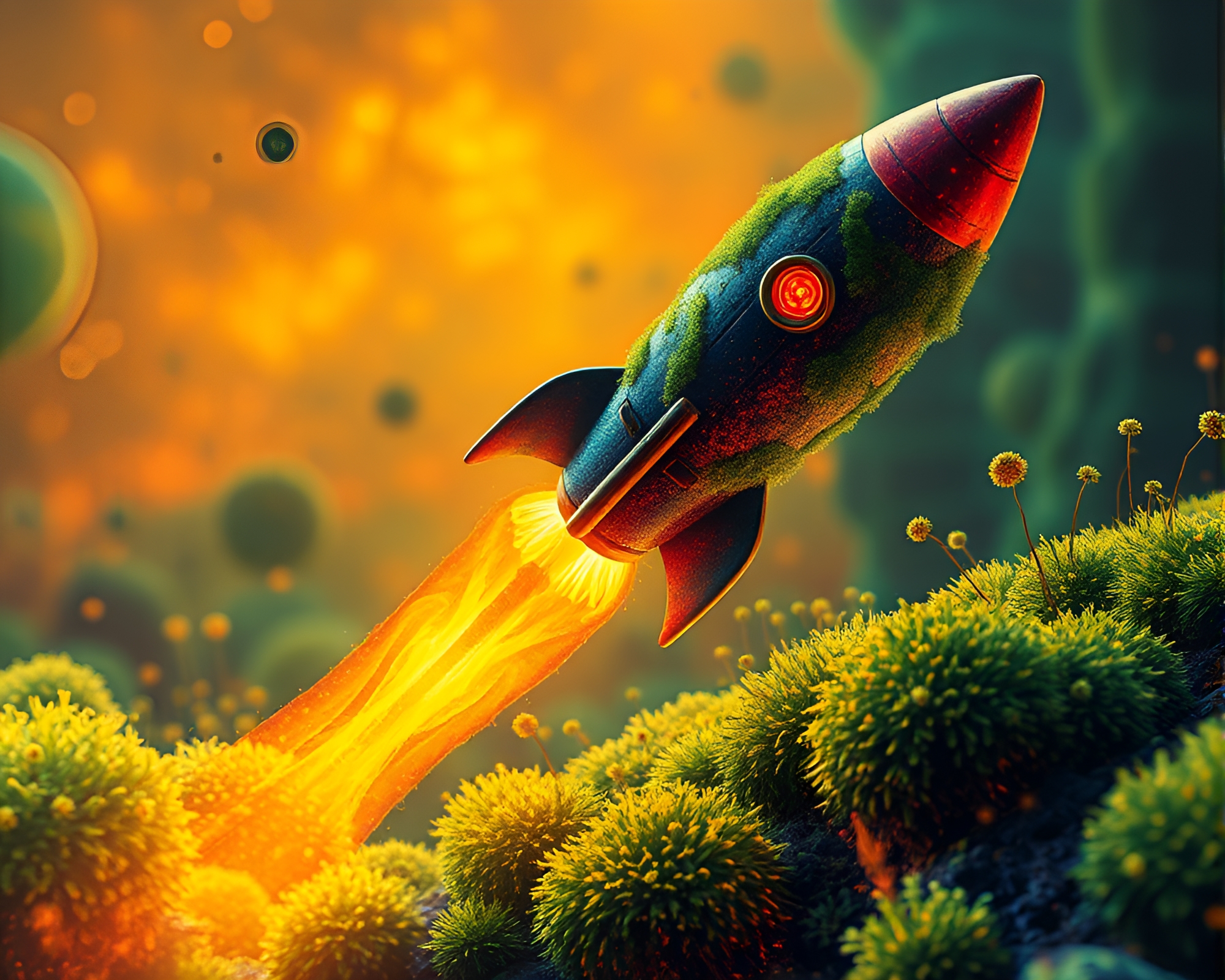 Fantasy Rocket Launch amidst Moss Growth – free AI stock image