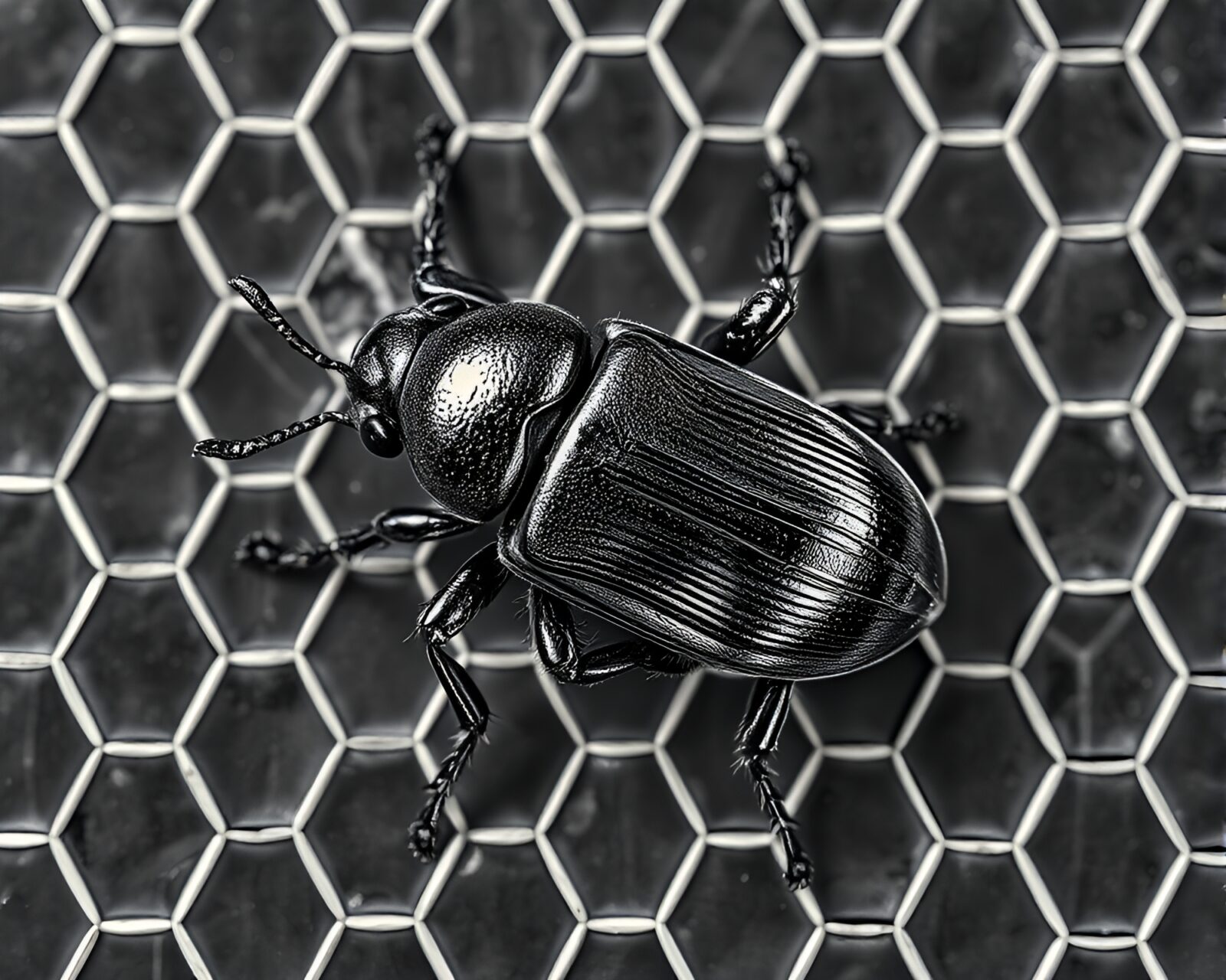 Colorful beetle design on hexagonal grid in detailed lithograph