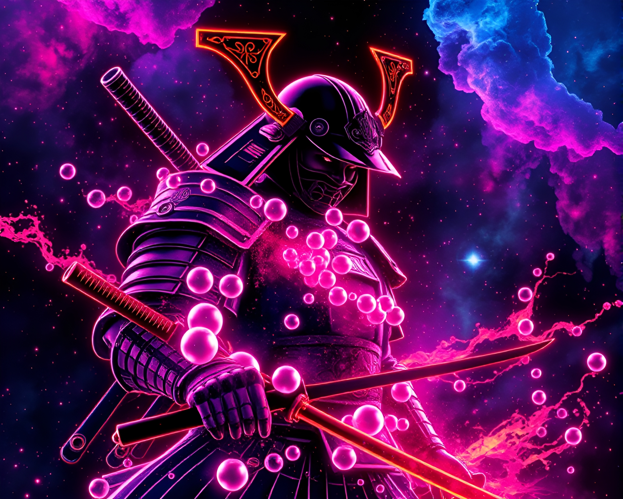Samurai Warrior Surrounded by Cosmic Bubble Clusters – free AI stock image