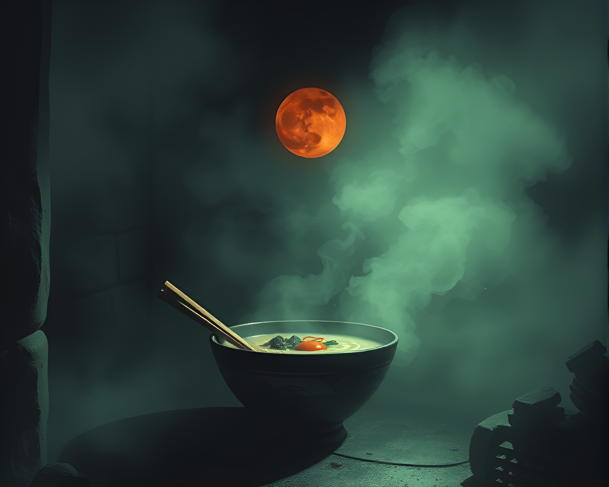 Ethereal Ramen Bowl in Screen Printed Basement Fog – free AI stock image
