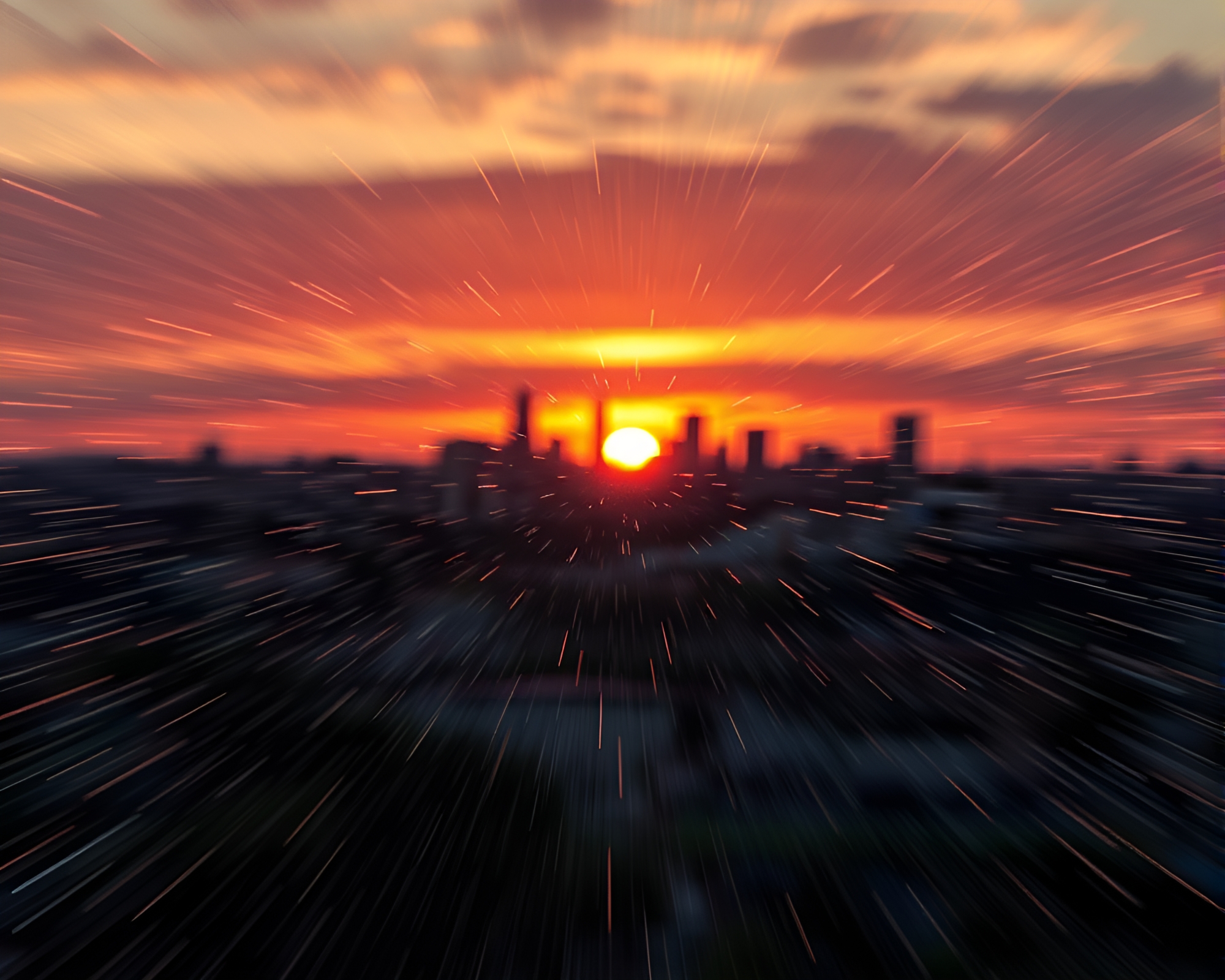 Sunset Time Dilation Field Over City Skyline – free AI stock image
