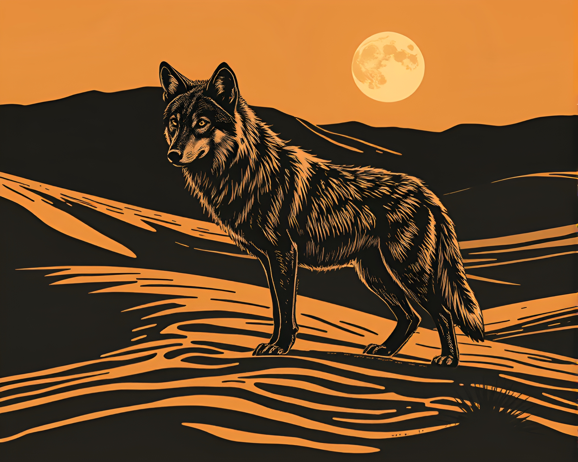 Moonlit Wolf in ASCII Desert Etching Art – free AI stock image
