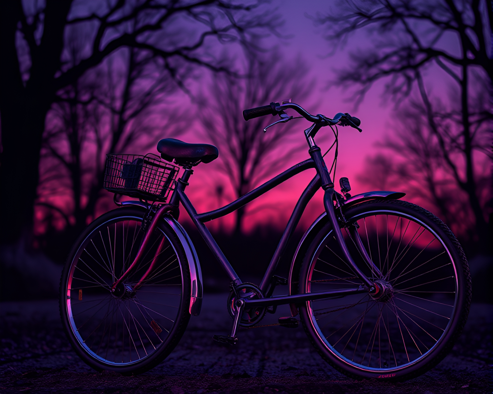 Twilight-Purple Bicycle Wood Grain Comic Book Illustration – free AI stock image
