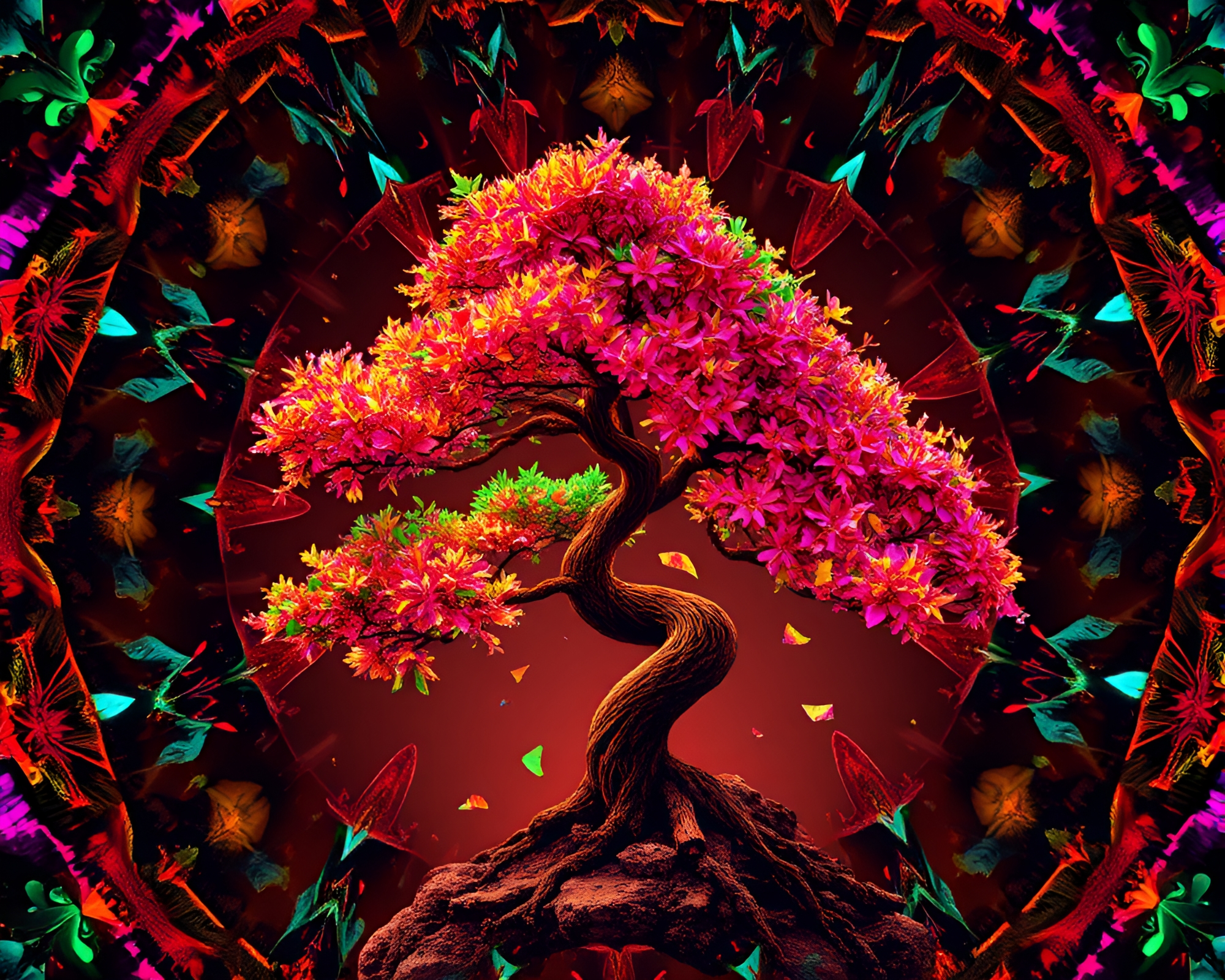Neon Bonsai Kaleidoscope in Sepia Tone – free AI stock image